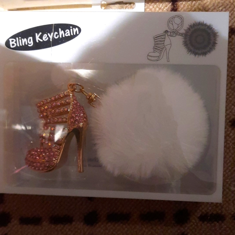 SEXY ROSE GOLD STILETTO HIGH HEEL FUR BALL RHINESTONES KEYFOB KEYCHAIN